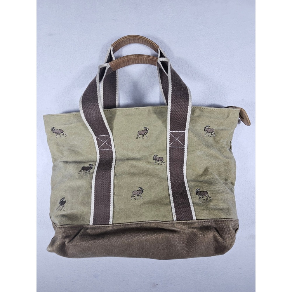 LL Bean Vintage Canvas Tote Bag Khaki Green Embroidered Moose Leather Trim Large